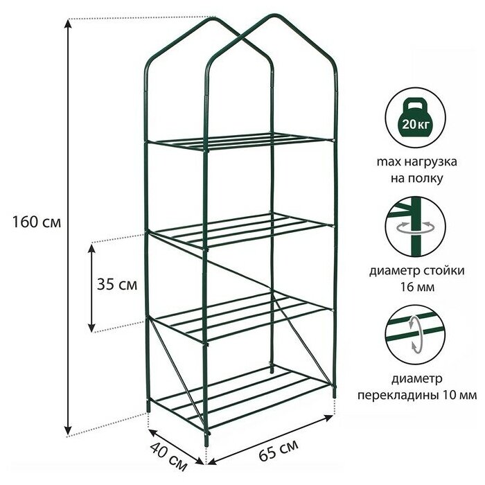 Парник-стеллаж, 4 полки, 160 × 65 × 40 см, металлический каркас d = 16 мм, чехол плёнка 100 мкм - фотография № 1