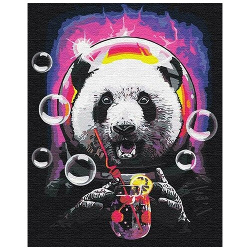 Панда в космосе с коктелем Раскраска картина по номерам на холсте с неоновыми красками