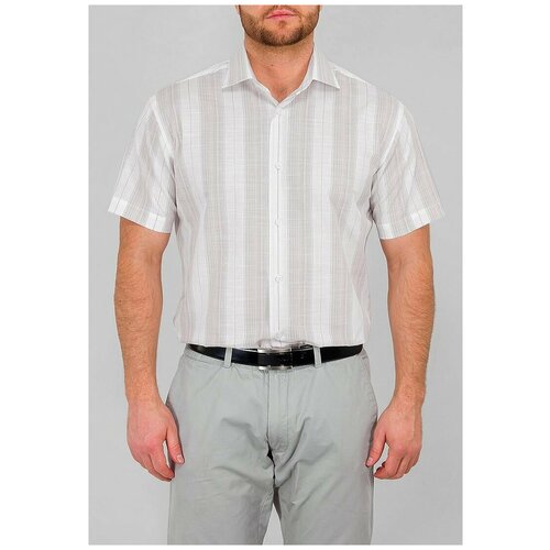 фото Рубашка мужская короткий рукав greg 521/101/438/z, полуприталенный силуэт / regular fit, цвет бежевый, рост 174-184, размер ворота 40