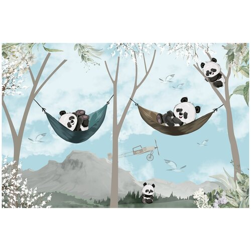 Фотообои Уютная стена Веселые панды в гамаках среди ветвей 410х270 см Виниловые Бесшовные (единым полотном)