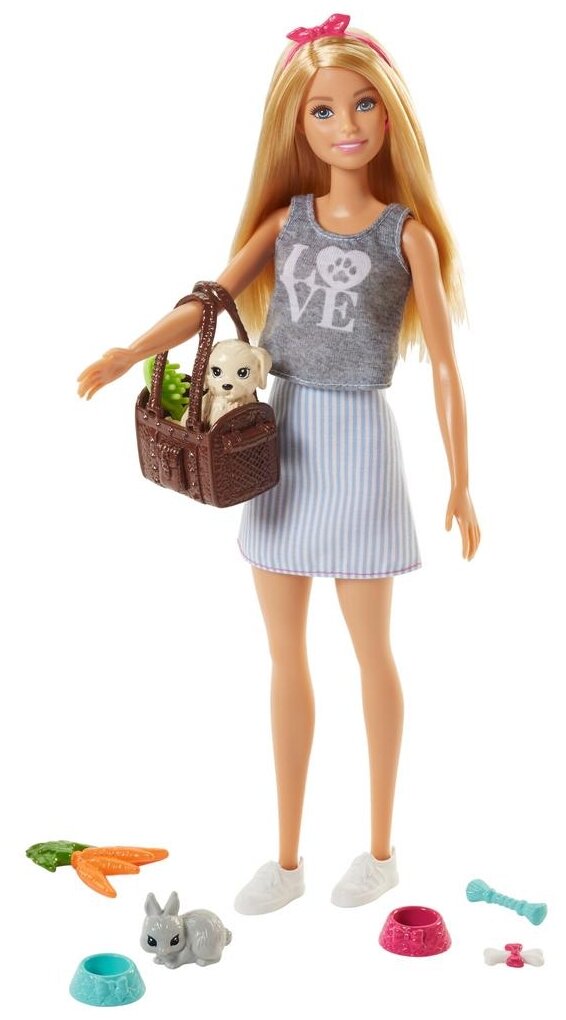 Кукла Barbie Питомцы блондинка, 29 см, FPR48 белый