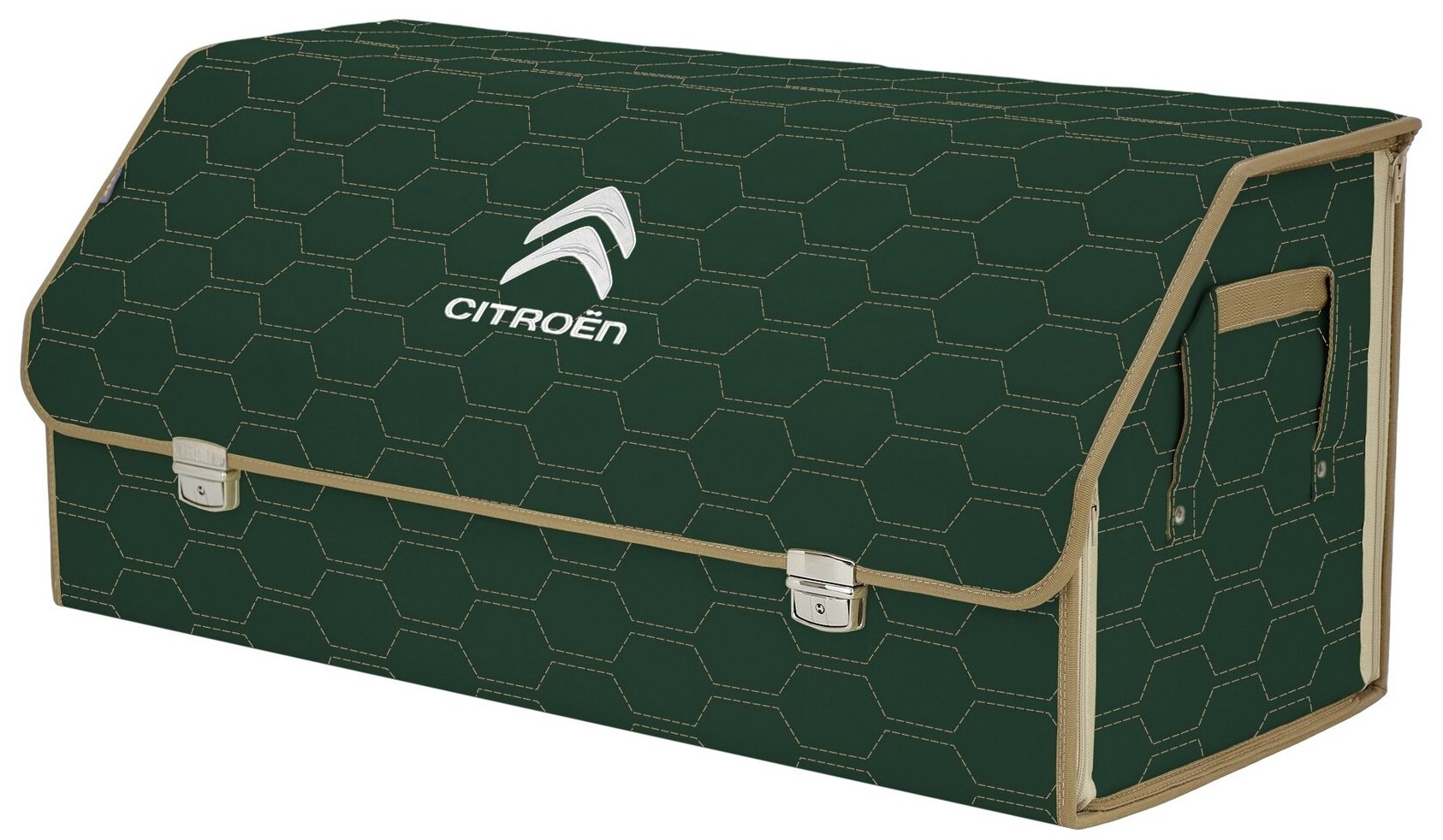 Органайзер-саквояж в багажник "Союз Премиум" (размер XXL). Цвет: зеленый с бежевой прострочкой Соты и вышивкой Citroen (Ситроен).