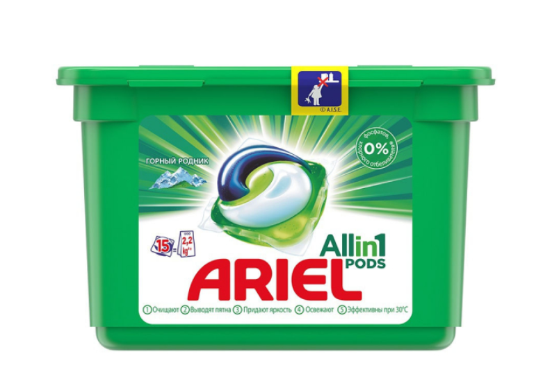 Средство для стирки в капсулах Ariel Liquid Capsules Горный родник, 15 X 22.8 гр.