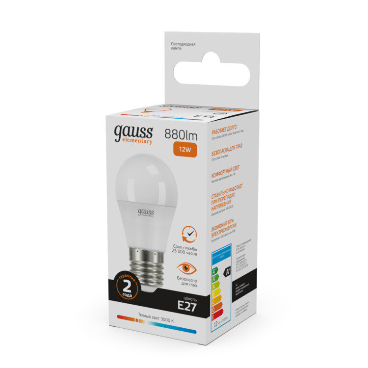 (10 шт) Лампа Gauss Elementary Шар 12W 880lm 3000K Е27 LED 1/10/100