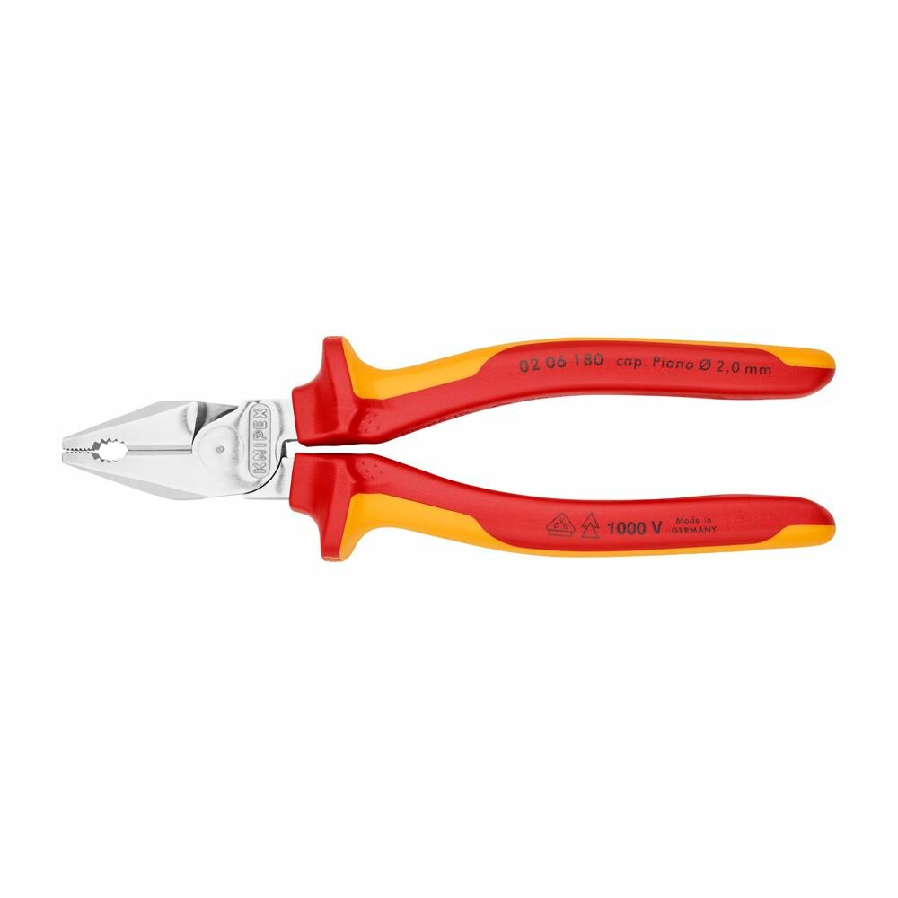 Пассатижи - плоскогубцы KNIPEX комбинированные особой мощности VDE, 180 мм, хром, 2-комп диэлектрические ручки KN-0206180 — фото 1