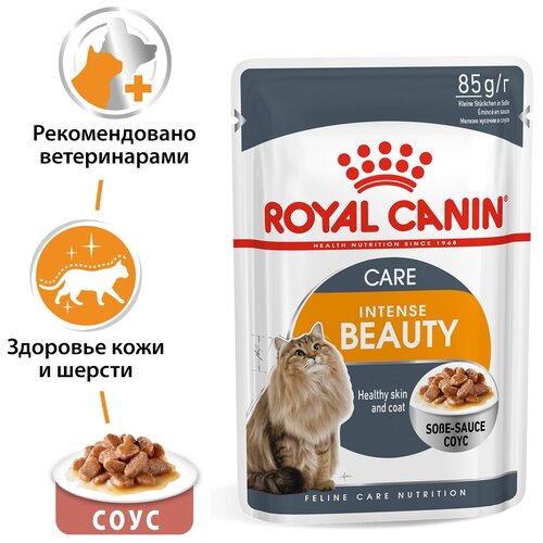 Влажный корм для кошек Royal Canin Intense Beauty, для здоровья кожи и блеска шерсти 6 шт. х 85 г (кусочки в соусе) влажный корм royal canin sensory smell taste feel мультипак 12шт 85гр 3 вкуса