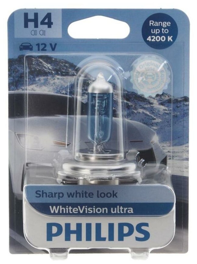 Лампа 12V H4 60/55W P43t-38 4200K блистер (1шт.) White Vision Ultra PHILIPS 12342WVUбл