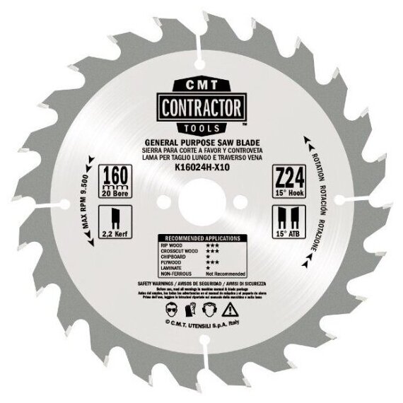 Пильный диск по дереву Cmt K21624M-X10, 216X30X2,4/1,6 15° ATB -5°Neg Z=24