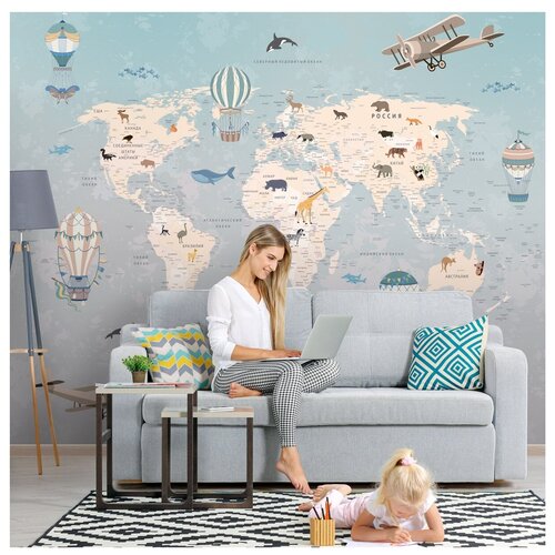 фото Фотообои флизелиновые топ фотообои карта для детей с воздушными шарами 300х270 (шхв) бирюзовый/серо-коричневый/светло-серый/бежевый/светло-песочный