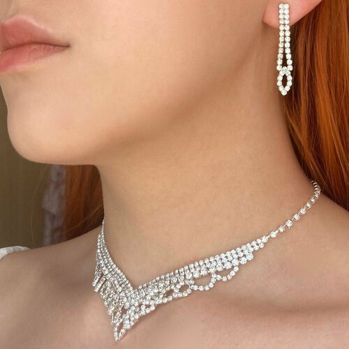 Комплект бижутерии Fashion jewelry: колье, бижутерный сплав, авантюриновое стекло, белый, серебряный