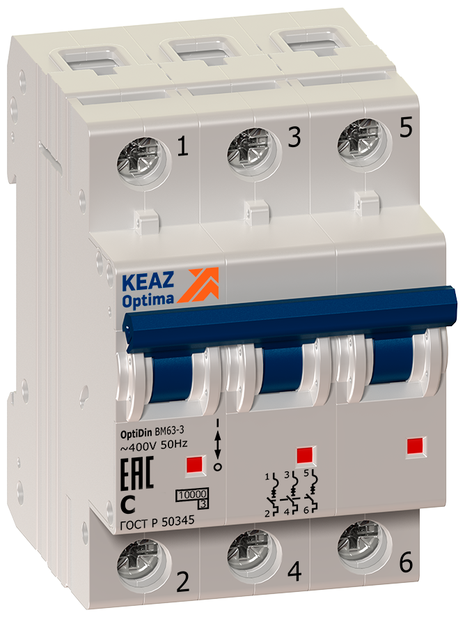 Выключатель автоматический модульный 3п C 50А 6кА OptiDin BM63-3C50-УХЛ3 КЭАЗ 260800
