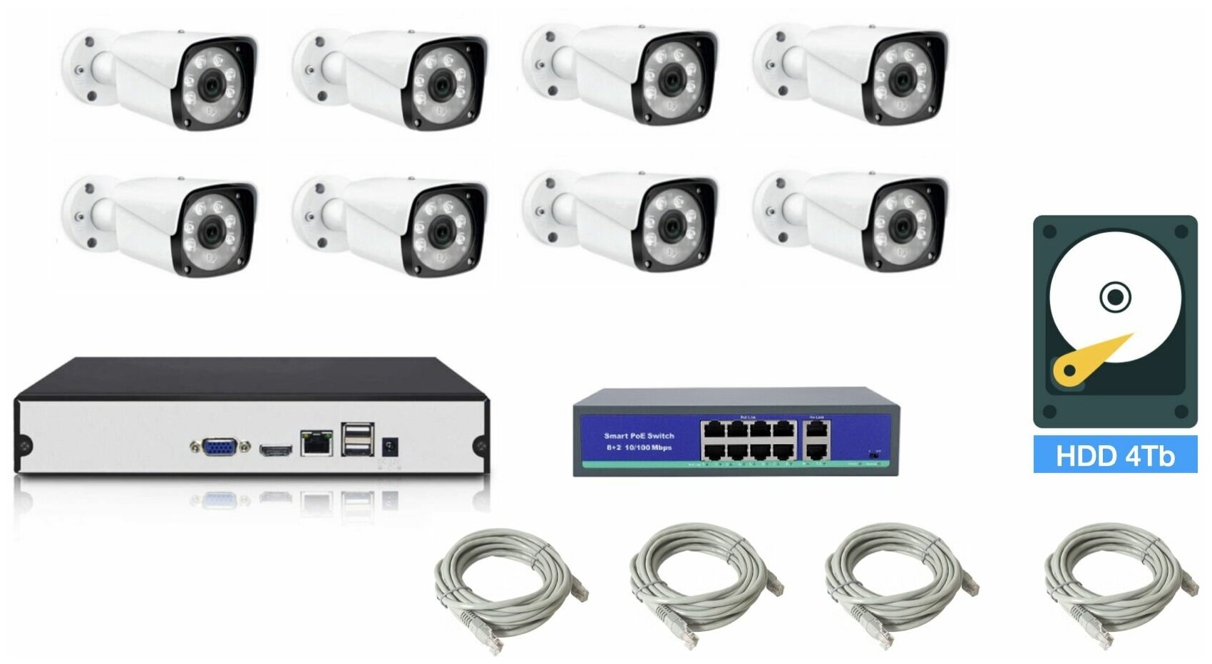 Полный IP POE комплект видеонаблюдения на 8 камер (KIT8IPPOE20MB3_HDD4TB)