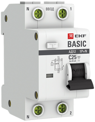 Выключатель автоматический дифференциального тока 2п (1P+N) C 25А 30мА тип AC 4.5кА АД-12 Basic EKF DA12-25-30-bas
