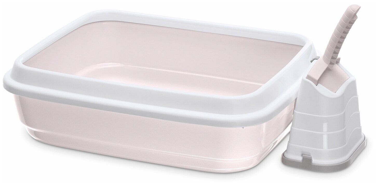 Туалет для кошек с бортом и совком DUO, светло-розовый, 59х40х28 см - фотография № 9