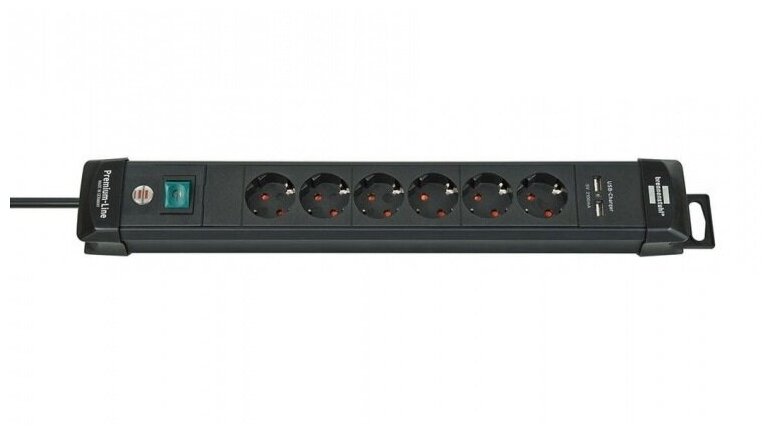 Удлинитель 3 м Brennenstuhl Premium-Line, 2 USB-порта, 6 розеток, черный (1951160601)