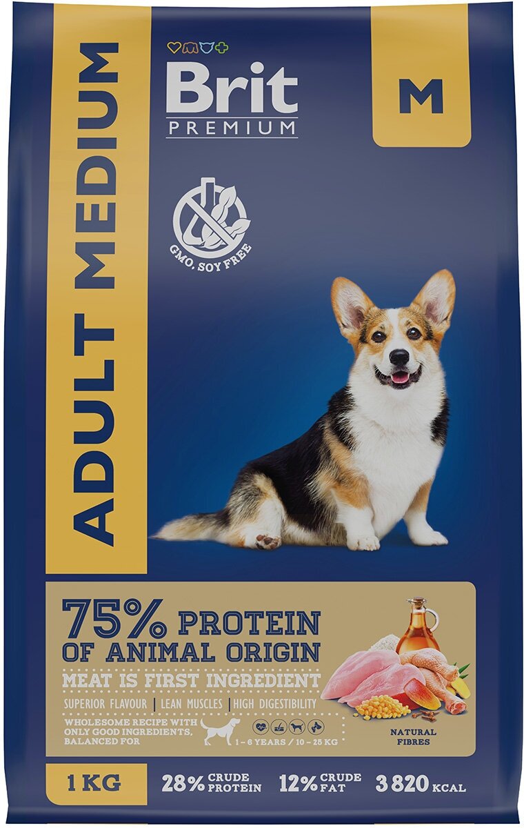 Сухой корм BRIT PREMIUM DOG ADULT MEDIUM для взрослых собак средних пород с курицей (1 кг)