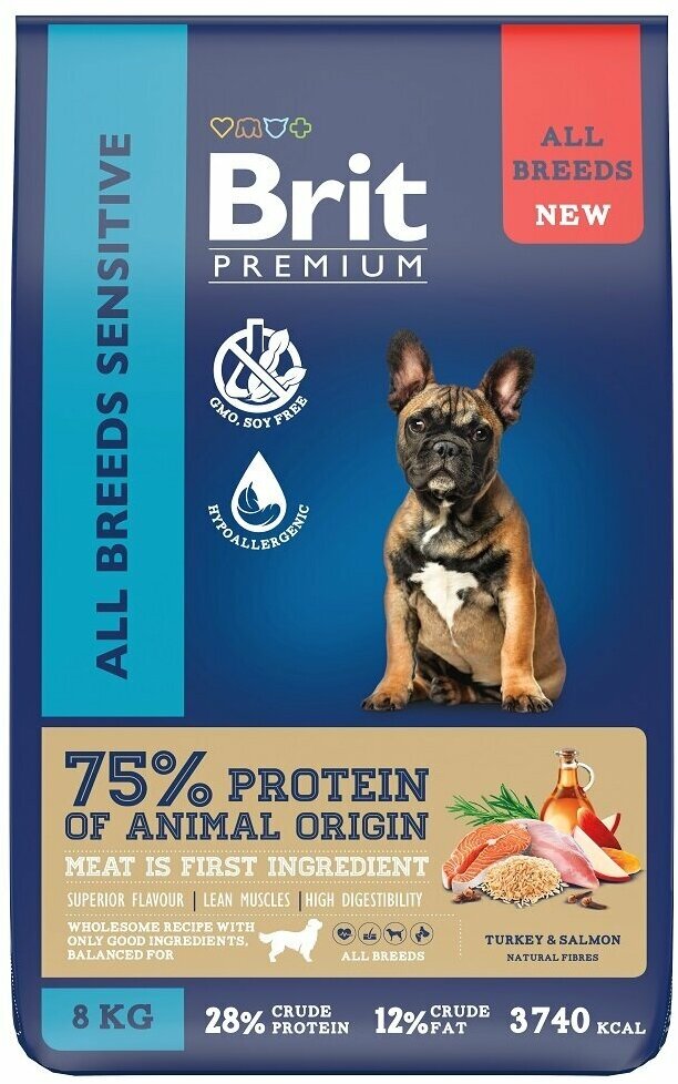 Корм Brit Premium Dog Sensitive для всех собак для чувствительного пищеварения с индейкой и лосось 8 кг