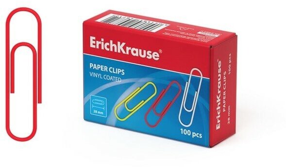 ErichKrause Скрепки канцелярские 28 мм, 100 шт, ErichKrause, цветные с виниловым покрытием, картонная упаковка, микс