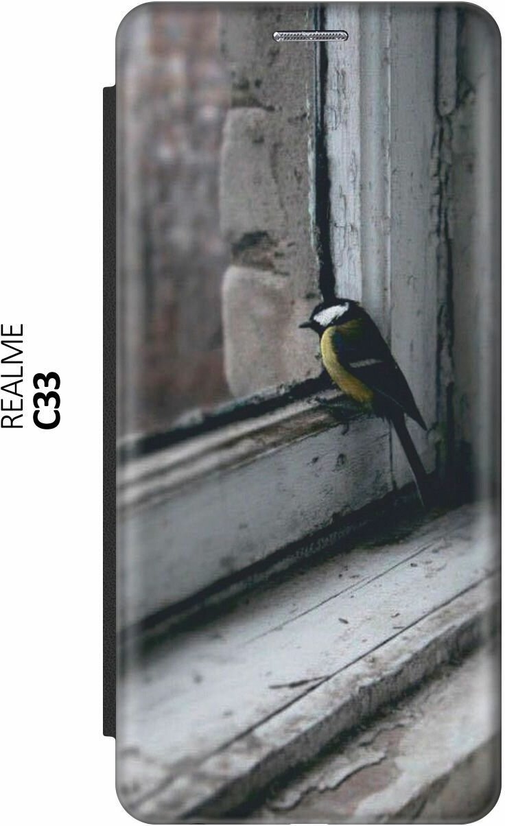 Чехол-книжка на realme C33, Рилми С33 c принтом "Птичка на окне" черный