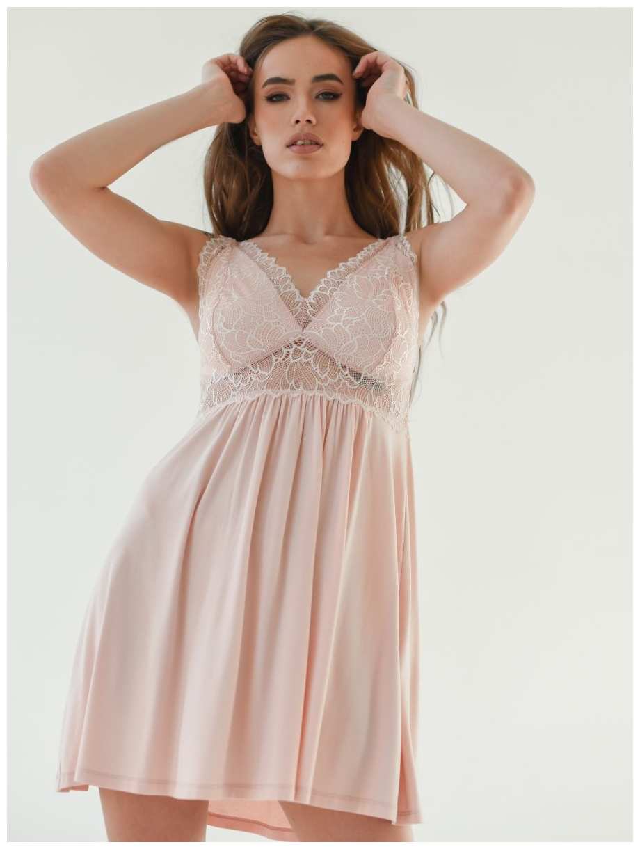 Женская ночная сорочка Флоренция с кружевом, укороченная модель на бретелях, размер 50. Текстильный край. - фотография № 7
