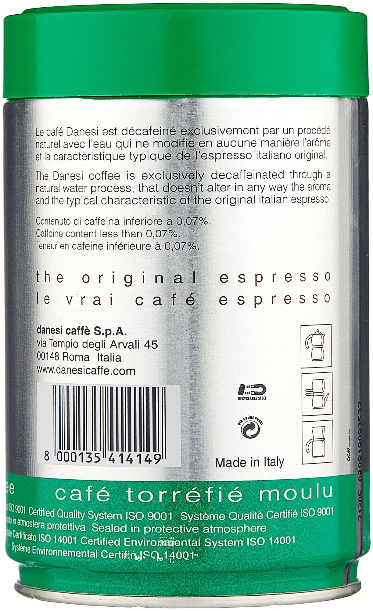 Кофе молотый Danesi Decaf (Эспрессо без кофеина), ж/б, 250гр - фотография № 2