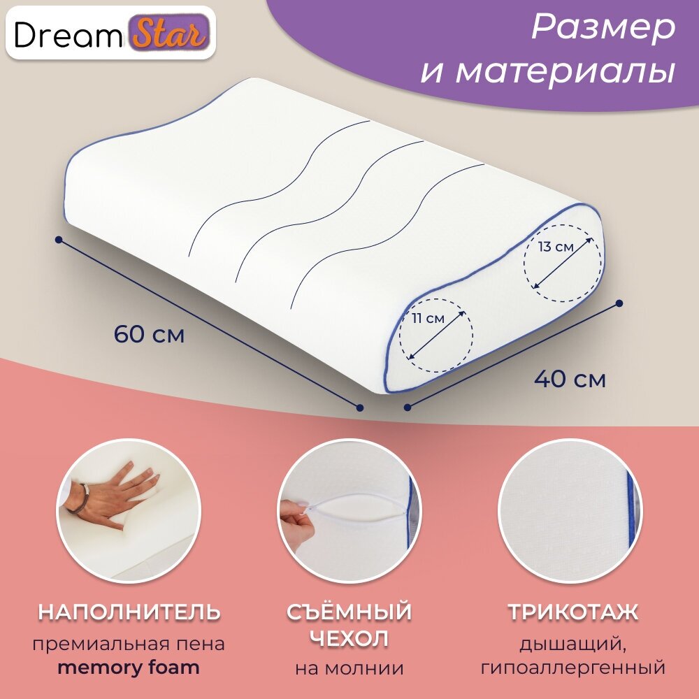 Ортопедическая подушка для сна с эффектом памяти DREAMSTAR 60х40 см, высота валиков 11 и 13 см - фотография № 2