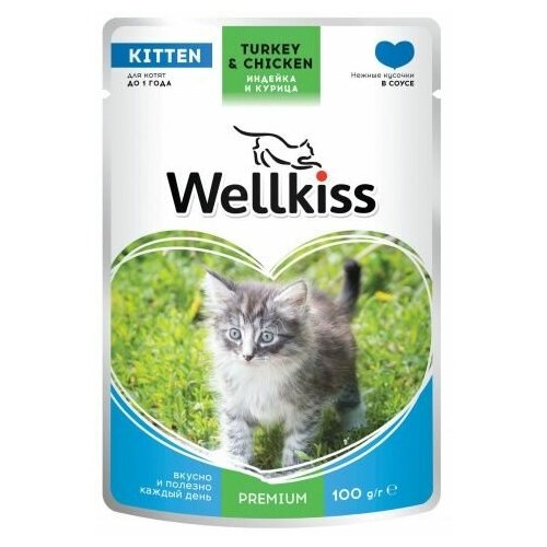 Wellkiss Kitten влажный корм для котят, с индейкой и курицей в соусе, 100 г, 14 шт