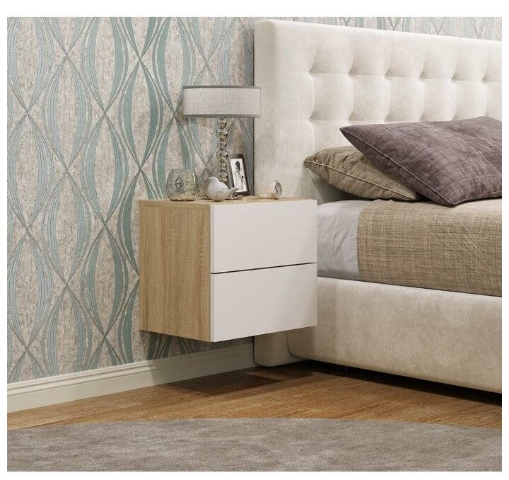 фото Клик Мебель Тумба прикроватная Элтон №2 подвесная, 400х320х360, Дуб сонома/МДФ Белый глянец