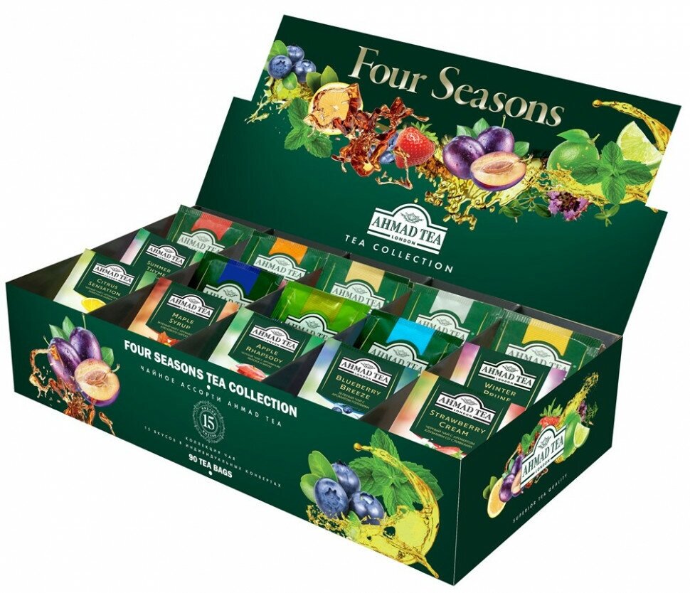Подарочный набор черного и зеленого чая Ассорти Ahmad (ахмад) Tea Four Seasons 15 вкусов, 90 пак в фольгированных саше, Термосаше - фотография № 4