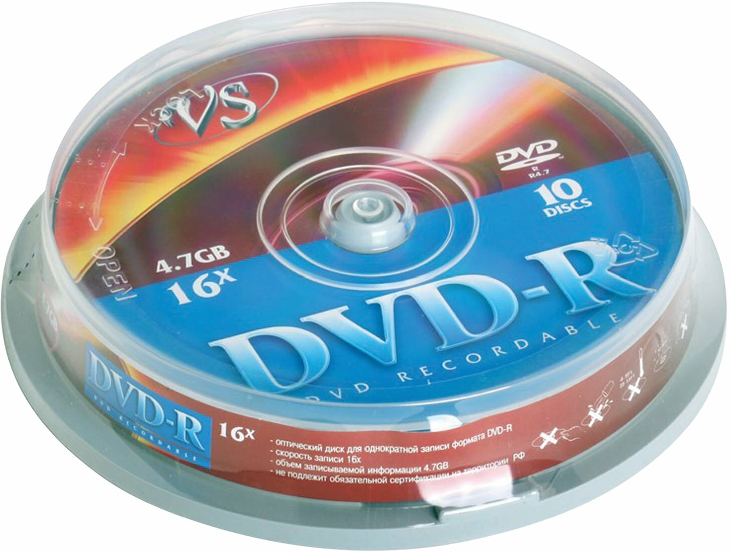 Компакт-диск VS DVD-R, 4,7 гб, 10 шт, Cake Box, DVDRCB1001 (VSDVDRCB1001)