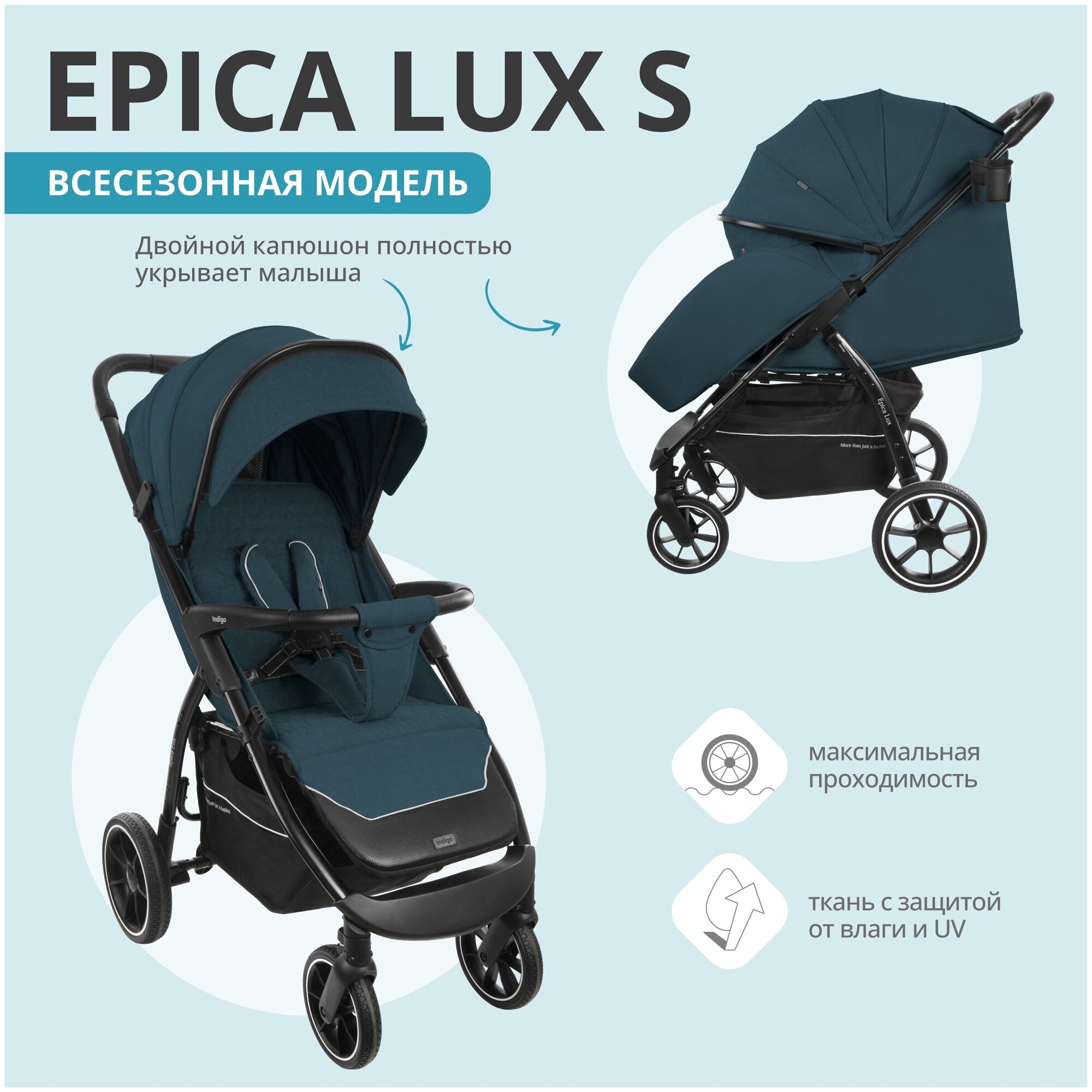 Коляска детская прогулочная Indigo Epica Lux S для путешествий всесезонная складная с накидкой, синий