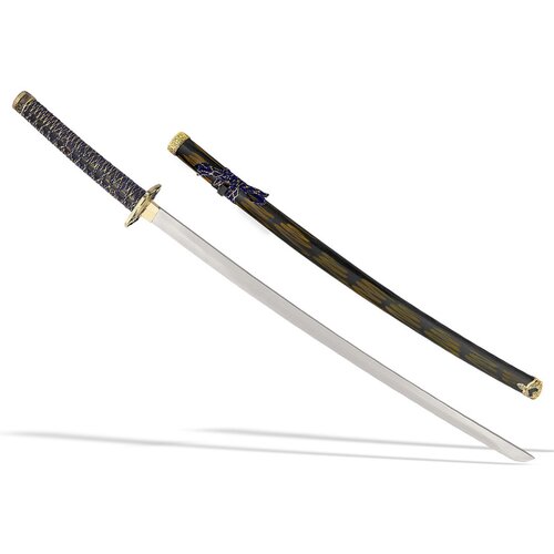 Катана японский меч декоративный на подставке, ножны сине-желтые, цуба черно-золотая