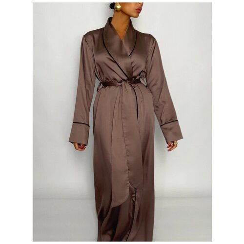 фото Халат малиновые сны средней длины, длинный рукав, пояс, размер 52, бежевый