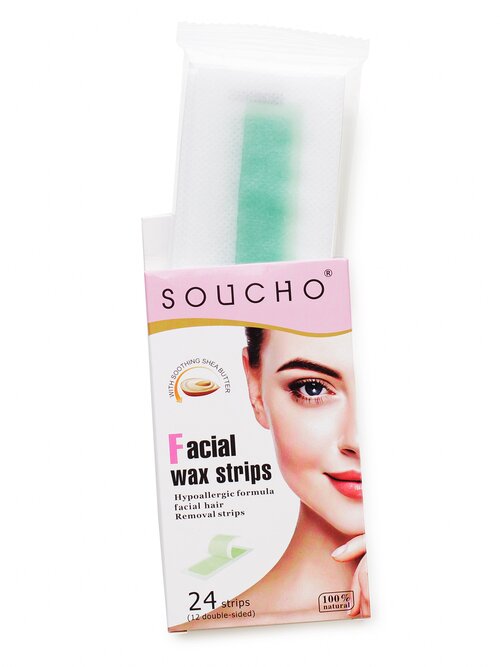 Восковые полоски для удаления волос с лица, гипоаллергенные алоэ + авокадо, Soucho, 24 полоски.