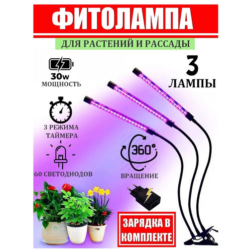 Фитолампа для растений рассады лампа для растений светодиодная с адаптером и таймером отключения полный спектр 3х10 (30 Вт) на прищепке