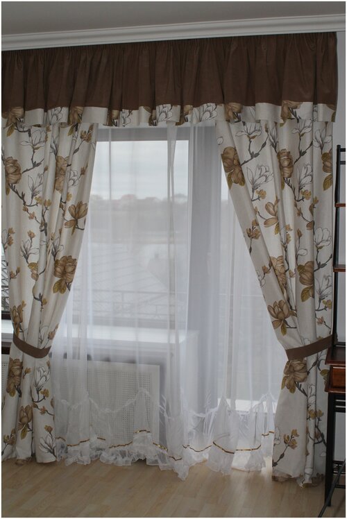 Комплект штор для комнаты Мини-арка (белый + коричневый), смесовый лен + портьерный шелк (букле), высота 250 см, по ленте регулируется до 2,5 м