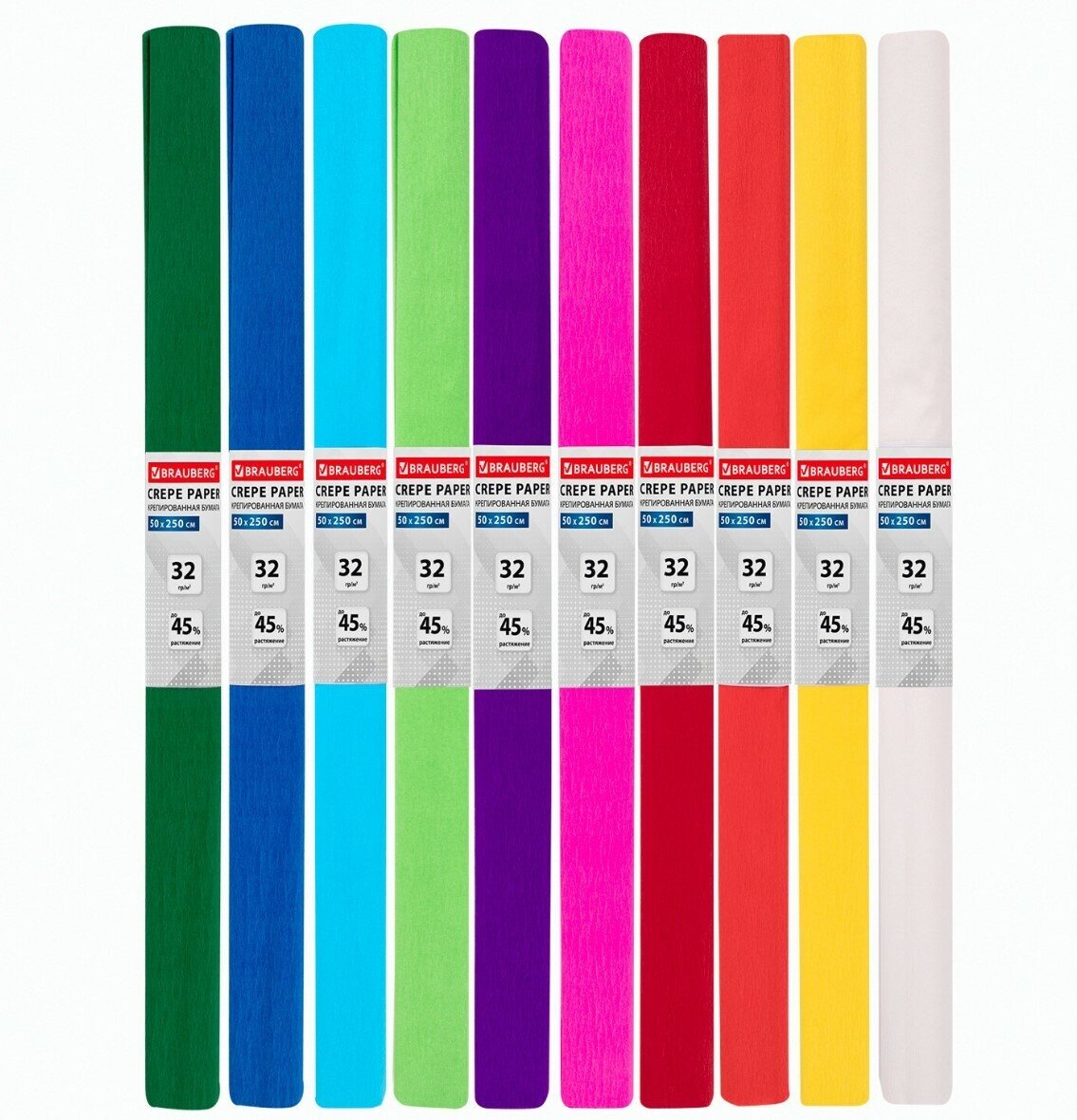 Бумага гофрированная/креповая, 32 г/м2, 50х250 см, 10 рулонов, яркие цвета, BRAUBERG
