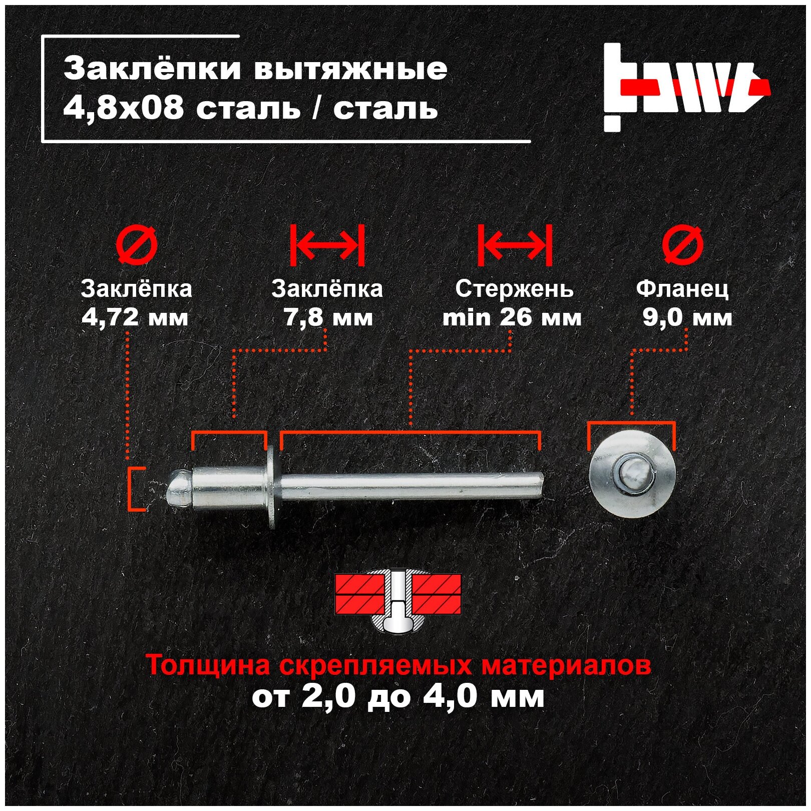 Заклёпки вытяжные, для заклёпочника, стальные 4,8х08 100 шт - фотография № 2