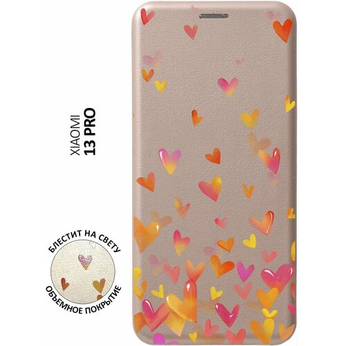 Чехол-книжка на Xiaomi 13 Pro, Сяоми 13 Про с 3D принтом Flying Hearts золотой матовый soft touch силиконовый чехол на xiaomi 13 pro сяоми 13 про с 3d принтом flying hearts черный