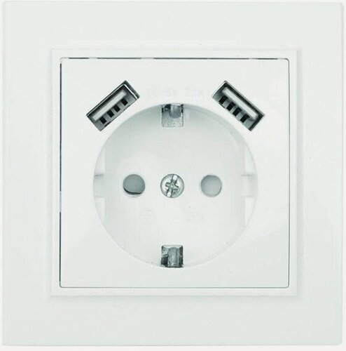 Изображение товара Розетка 1-м СП Минск 16А IP20 с заземл. защ. шторки с 2-мя заряд. устройствами USB 2.1А бел. EKF ERR16-028-100-2USB