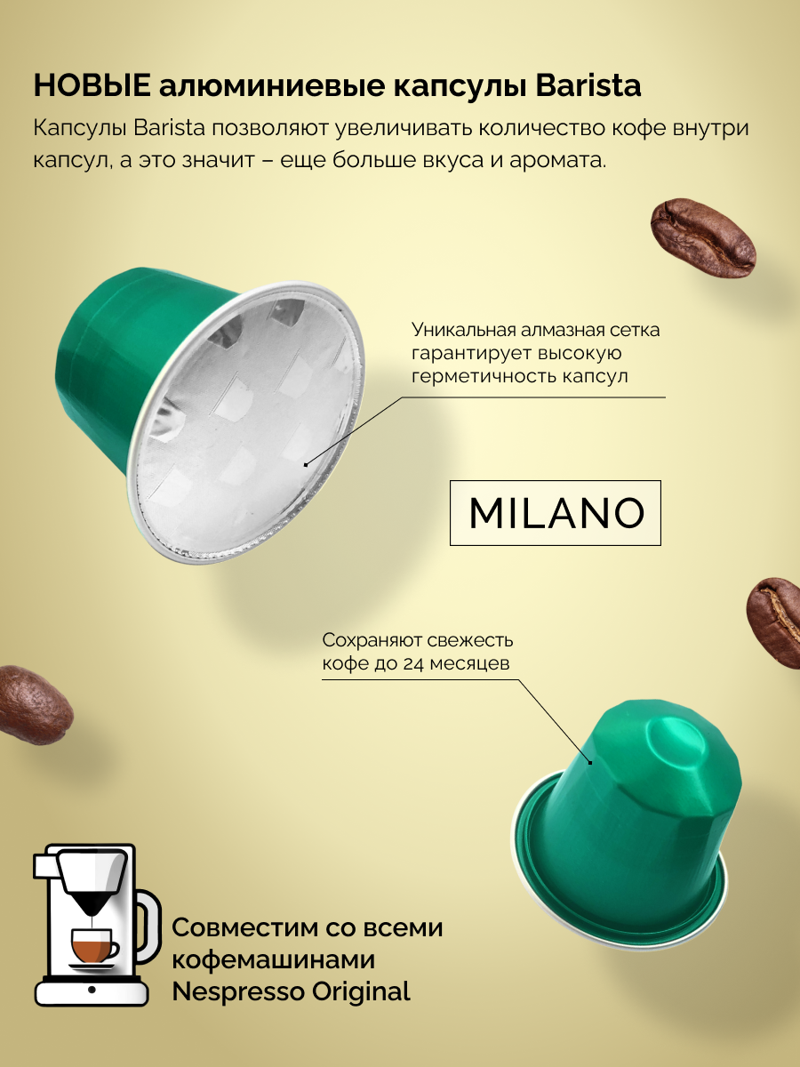 Кофе в капсулах Nespresso 20 шт алюминиевых капсул, молотый Field Premium Coffee Lungo Milano. Интенсивность вкуса 4