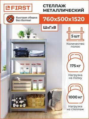 Стеллаж металлический HIT BOARD 760х1520х500/5 полок МДФ, оцинкованный, 76х50х152 см