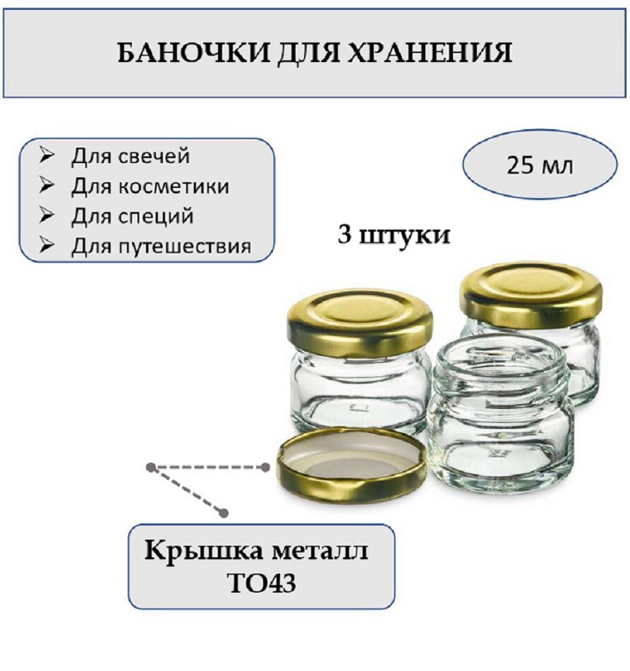 Банка 25 мл стеклянная круглая с крышкой. Набор 3 штуки.