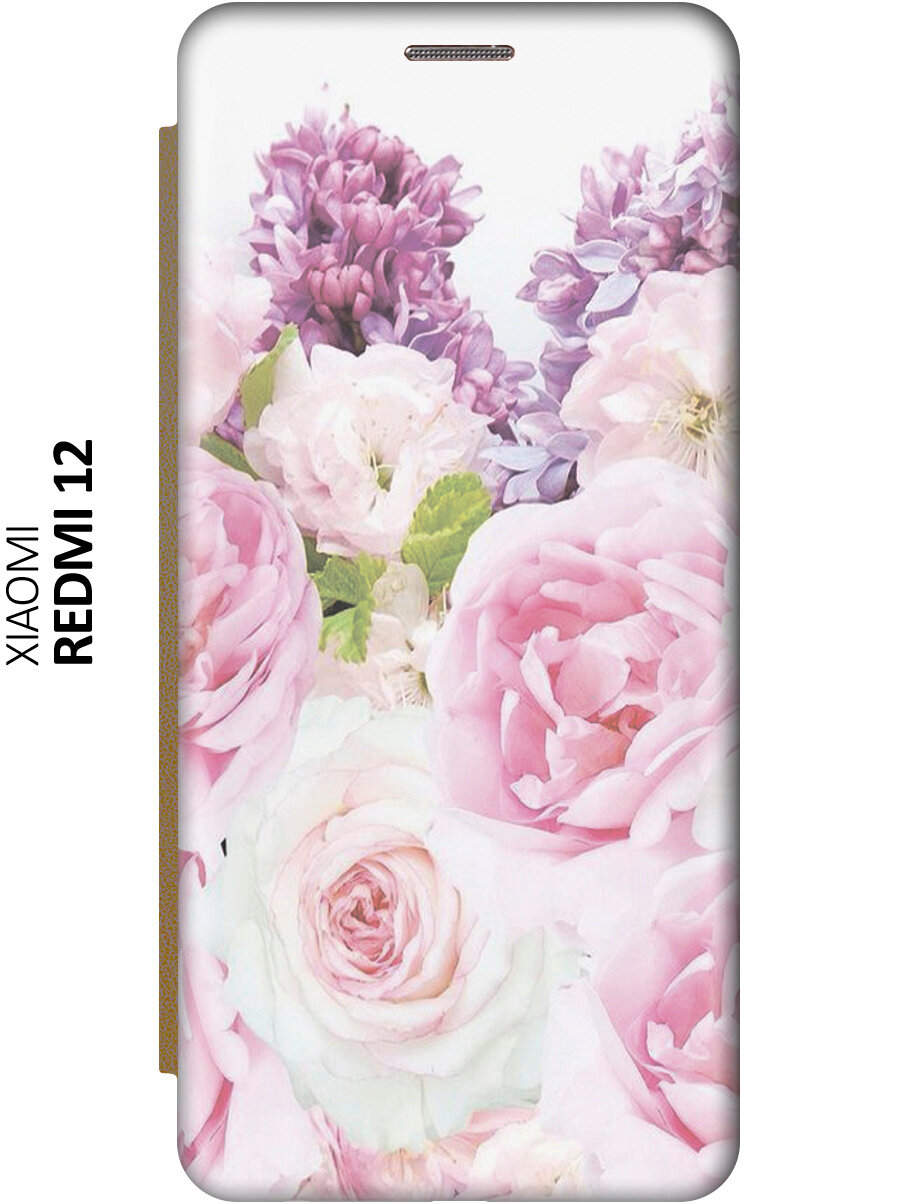 Чехол-книжка на Xiaomi Redmi 12, Сяоми Редми 12 c принтом "Розовый букет" золотистый