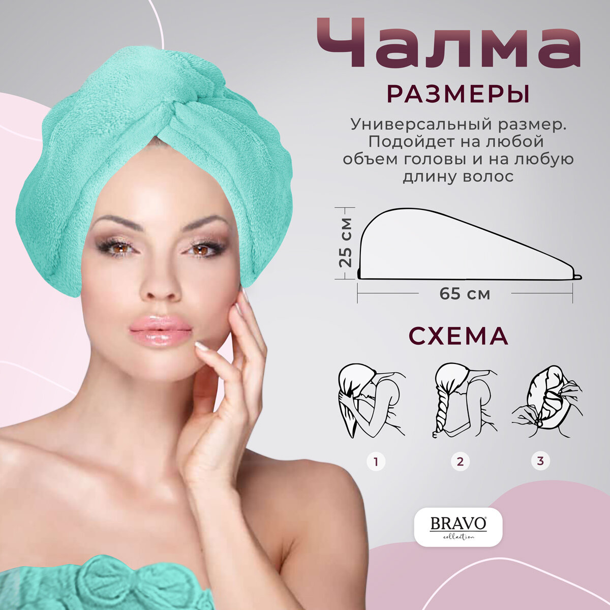 Набор полотенец килт с чалмой, из микрофибры мятный, быстросохнущее мягкое полотенце — фото 1