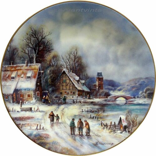 Прогулка у реки, винтажная декоративная настенная тарелка из коллекции "Рождественские ландшафты"