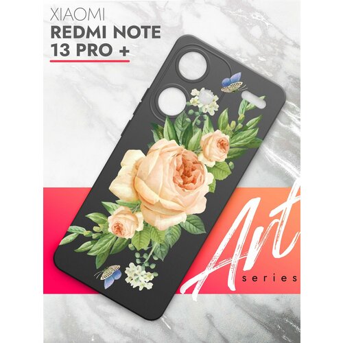 Чехол на Xiaomi Redmi Note 13 Pro+ (Ксиоми Редми Ноте 13 Про+) черный матовый силиконовый с защитой вокруг камер, Brozo (принт) Бежевые Розы чехол на xiaomi redmi note 13 pro ксиоми редми ноте 13 про черный матовый силиконовый с защитой вокруг камер miuko принт розовые розы