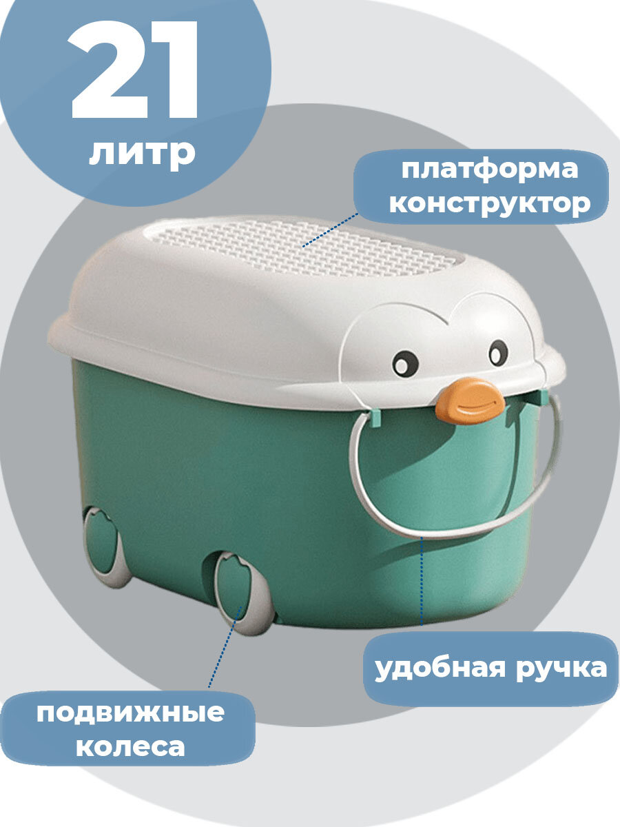 Ящик корзина контейнер для хранения игрушек Пингвин 21 литр бирюзовый 42,5х27х24 см