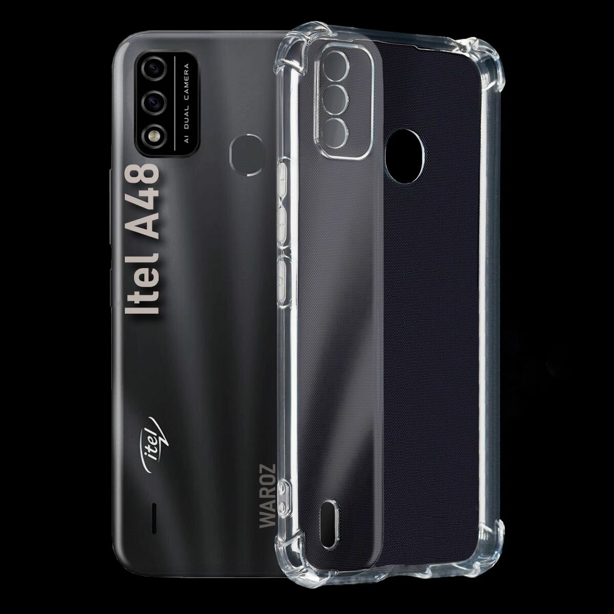 Чехол для смартфона Itel A48 силиконовый противоударный с защитой камеры, бампер с усиленными углами для телефона Ител А48 прозрачный