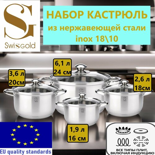 Набор кастрюль с крышками Swisgold из нержавеющей стали 1,9л - 16 см 2,6л - 18 см 3,6 л - 20 см 6,1л - 24 см для всех типов плит, включая индукционные